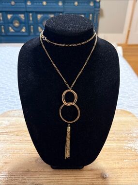 Vintage Gold Tone Medallion Chain Tassel Pendant Long Statement Necklace